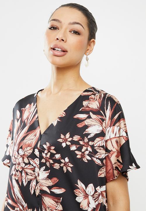 edit - Printed slit midi tunic dress - black & maroon floral