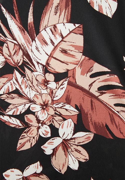 edit - Printed slit midi tunic dress - black & maroon floral