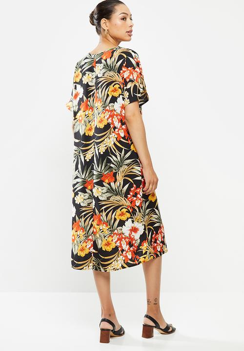edit - Printed slit midi tunic dress - multi tropical print