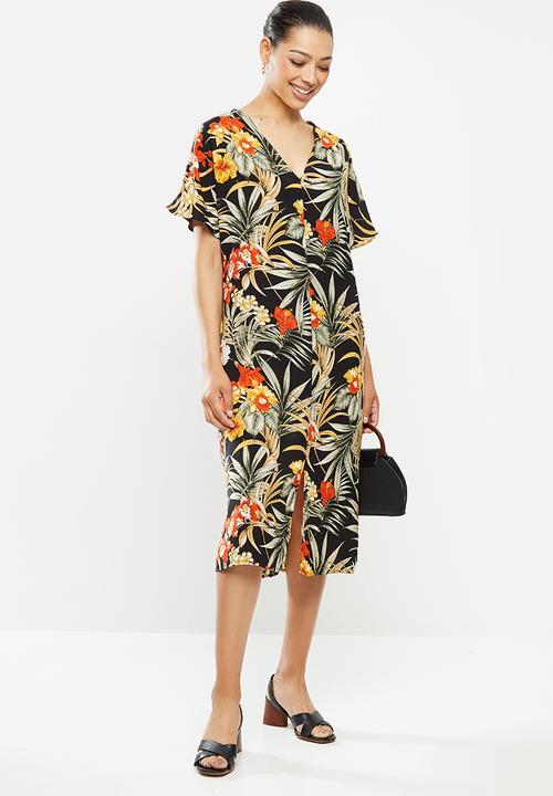 edit - Printed slit midi tunic dress - multi tropical print