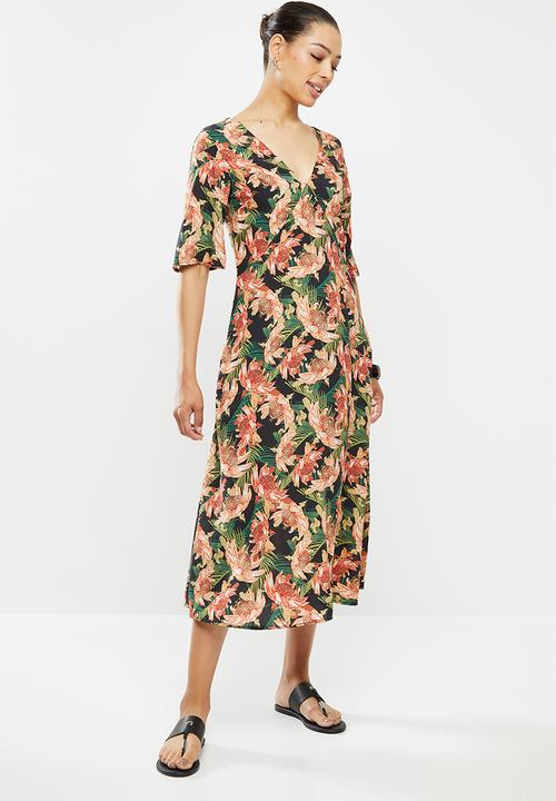 edit - Curved waist midi dress - multi tropical floral