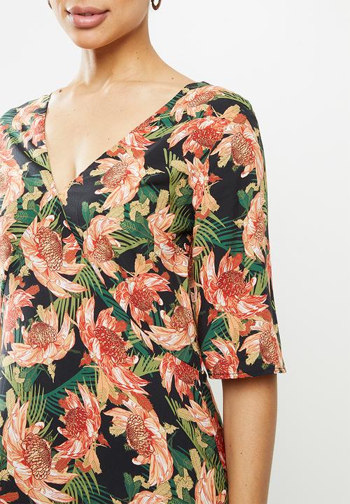 edit - Curved waist midi dress - multi tropical floral