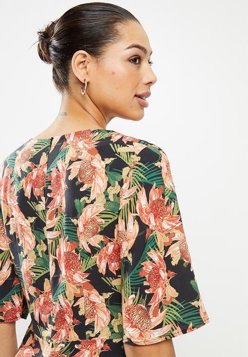 edit - Curved waist midi dress - multi tropical floral