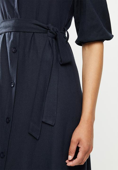 edit - Linen viscose square neck button down dress - navy