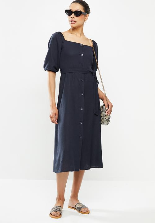 edit - Linen viscose square neck button down dress - navy