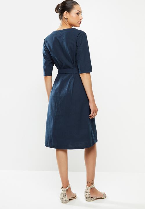 edit - Cotton button through belted midi dress - navy