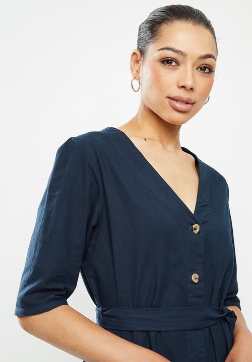 edit - Cotton button through belted midi dress - navy