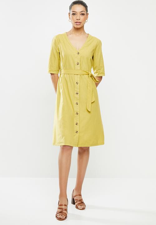 edit - Cotton button through belted midi dress - ochre yellow