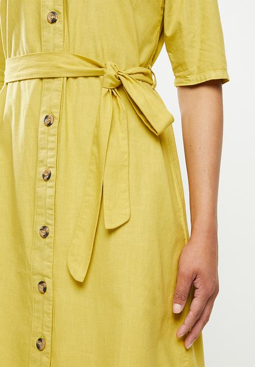 edit - Cotton button through belted midi dress - ochre yellow