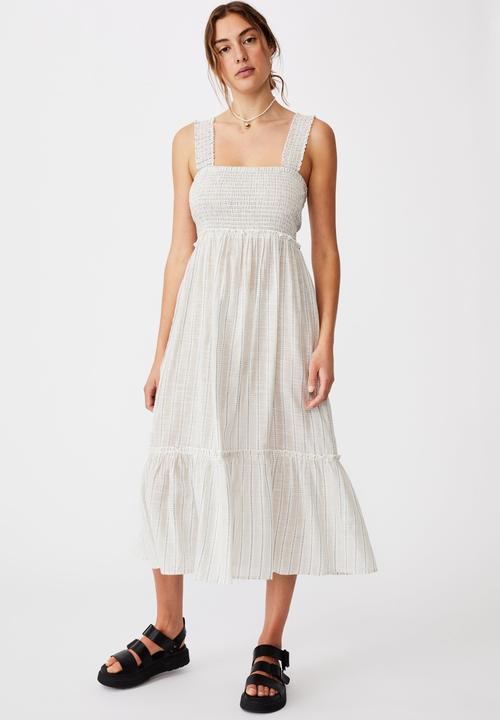 Cotton On - Woven tess shirred strappy midi dress - white & blue 