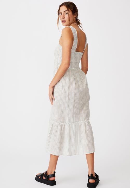 Cotton On - Woven tess shirred strappy midi dress - white & blue 