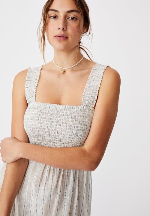 Cotton On - Woven tess shirred strappy midi dress - white & blue 