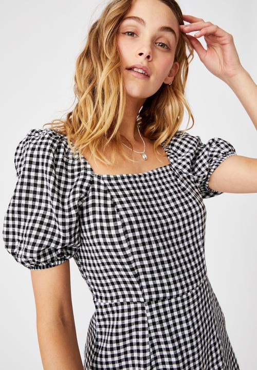 Cotton On - Woven Leona bell sleeve mini dress - black & white 