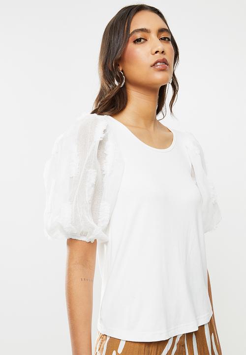Me&B - Milk combo tee with 3d organza puff sleeves - white 