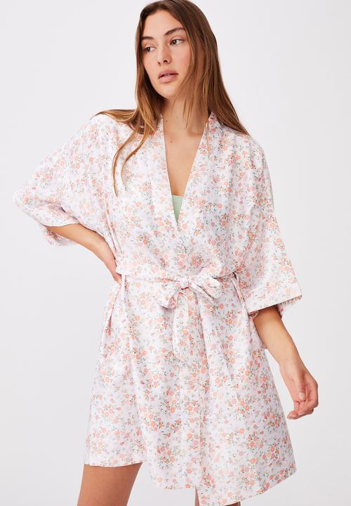 Cotton On - Satin kimono gown - white & peach 