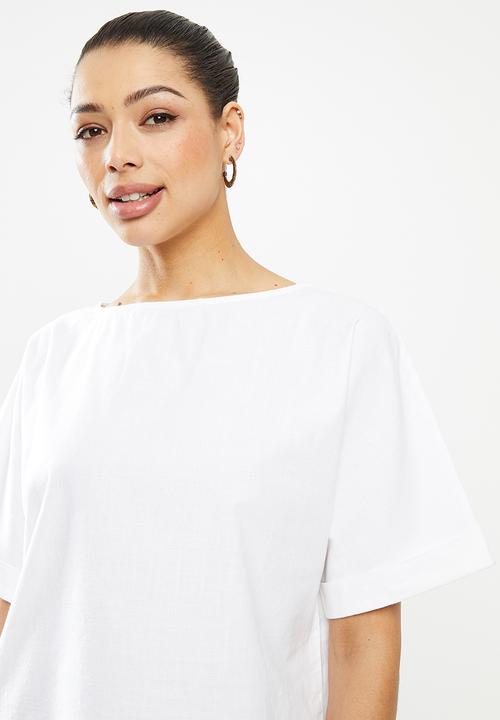 edit - Turn up short sleeve cotton boxy shell - white 