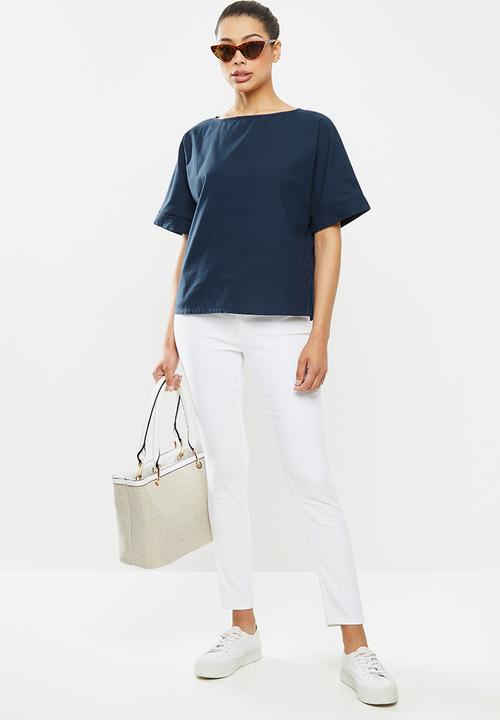 edit - Turn up short sleeve  cotton boxy shell - navy