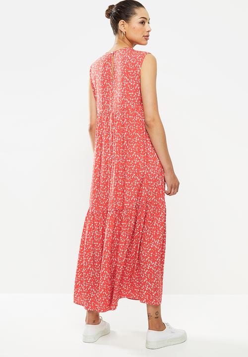 edit - Sleeveless  V-neck tiered midi dress - red & white 