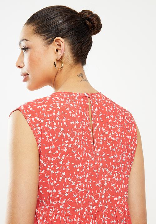 edit - Sleeveless  V-neck tiered midi dress - red & white 