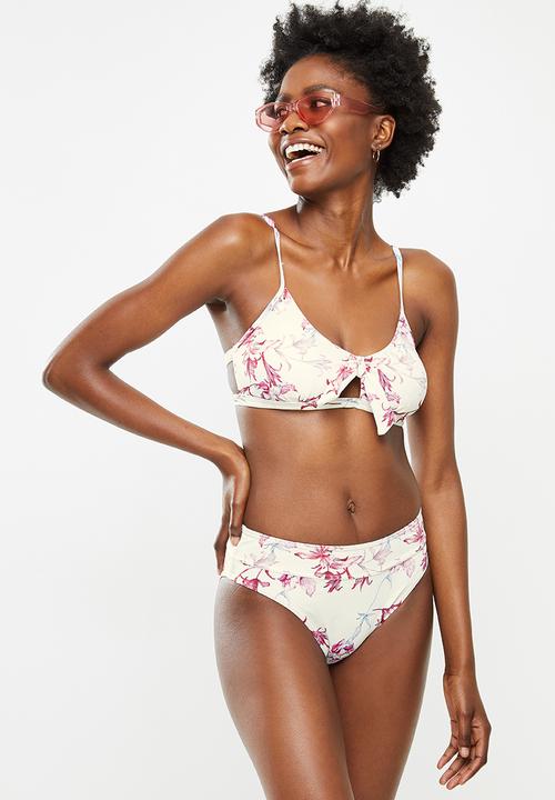 Lizzy - Bondi front tie bikini top with removable padding - pink & white 