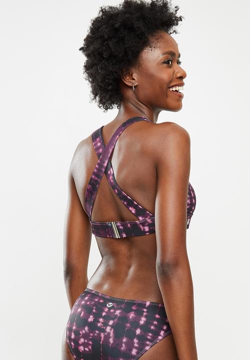 Lizzy - Lir crossed back bikini top with removable padding - purple & black 