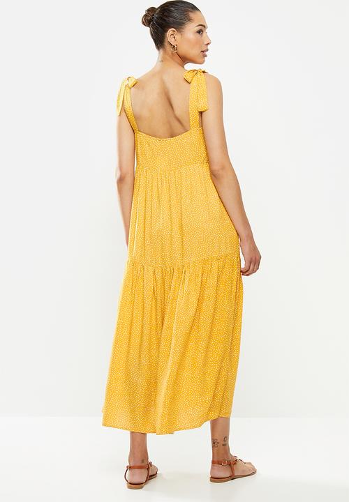 MILLA - Tiered dress with ties - yellow & white