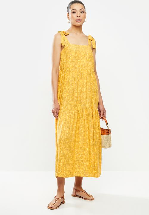 MILLA - Tiered dress with ties - yellow & white