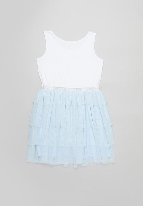 Pop Candy - Tiered mesh combo dress - white & blue