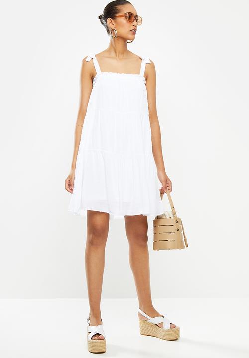 Blake - Rayon crinkle dot tiered mini dress - white