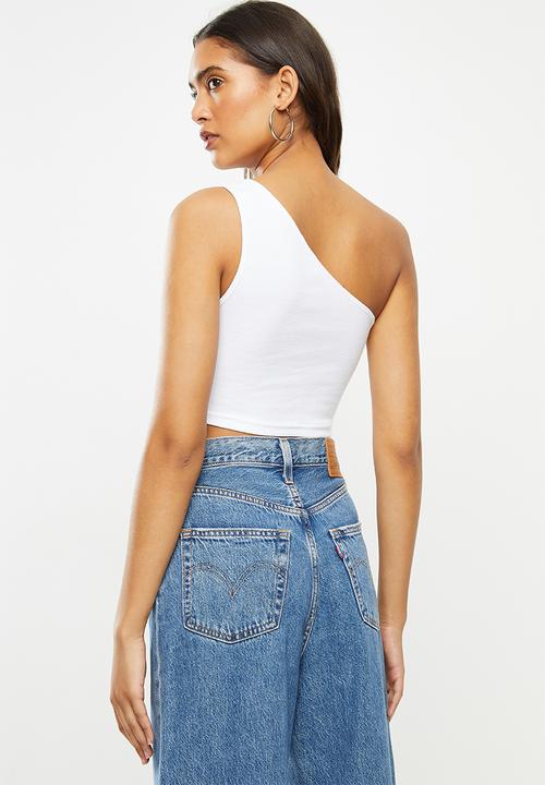 Blake - Asymmetric ribbed crop top - white