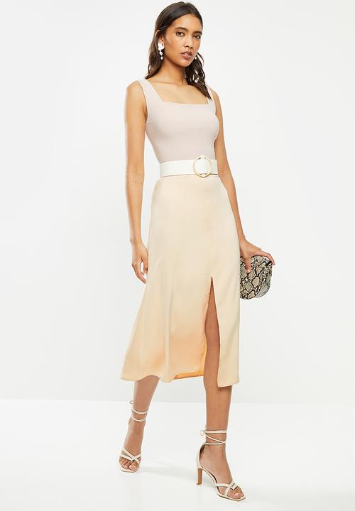VELVET - Midi satin slip skirt with slit - neutral