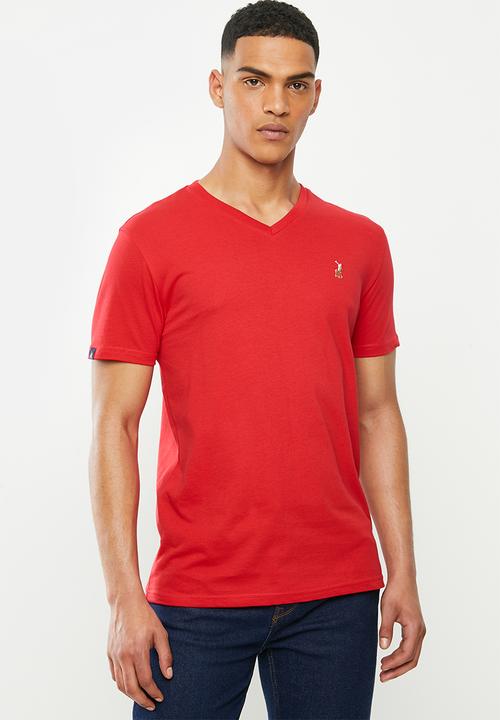 red v neck polo shirt