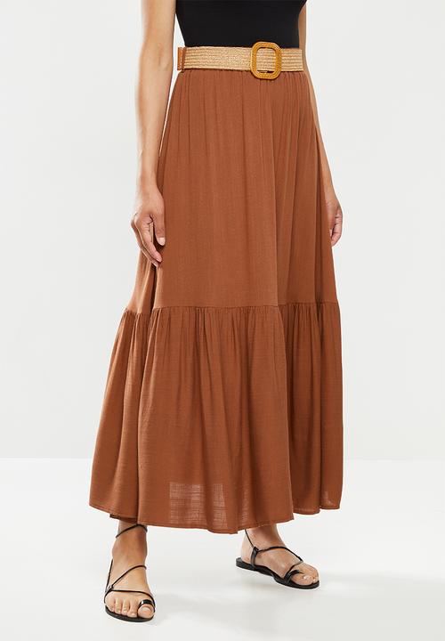 edit - Belted textured tiered maxi skirt - rust
