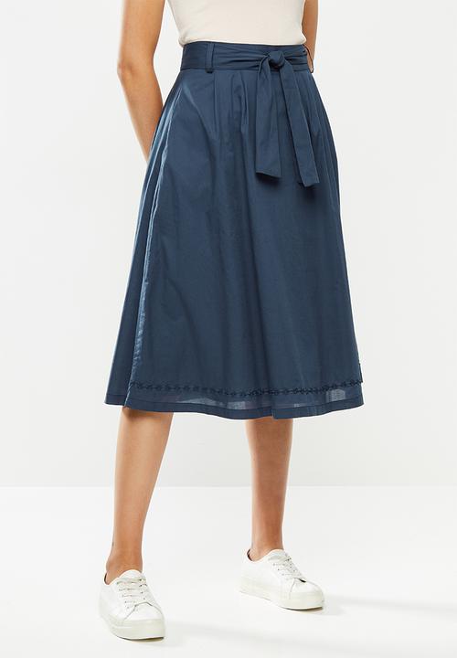 edit - Cotton belted fit & flare skirt - navy