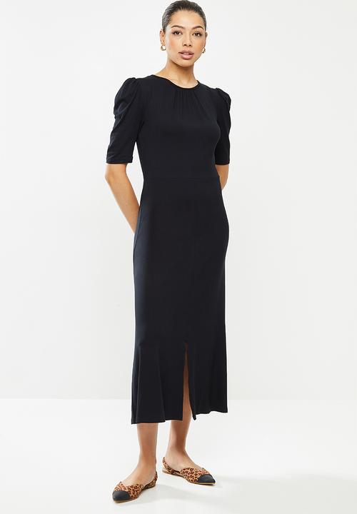 edit - Short sleeve ruched knit maxi - black