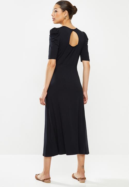 edit - Short sleeve ruched knit maxi - black
