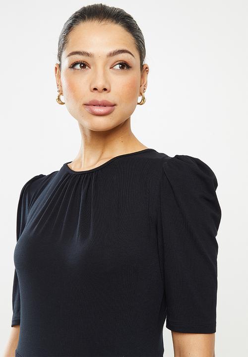 edit - Short sleeve ruched knit maxi - black