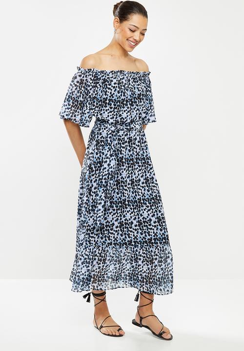 edit - Chiffon tiered off the shoulder maxi - blue & black 