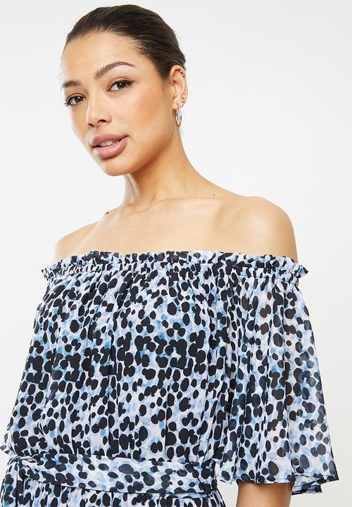 edit - Chiffon tiered off the shoulder maxi - blue & black 