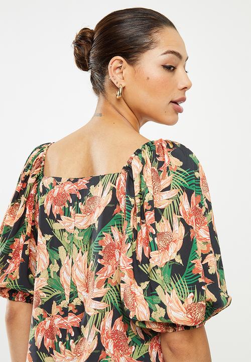 edit - Square neck ruched sleeve blouse - multi 