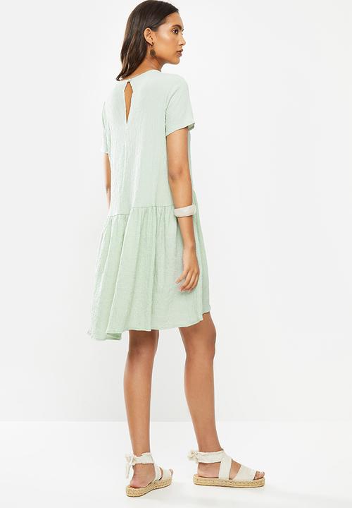 VELVET - Crinkle mini tiered dress puff sleeves - sage