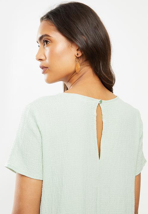 VELVET - Crinkle mini tiered dress puff sleeves - sage
