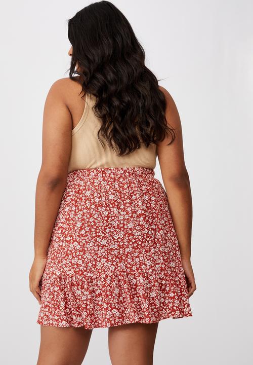 Cotton On - Curve asymmetric frill mini skirt - nicole ditsy red clay