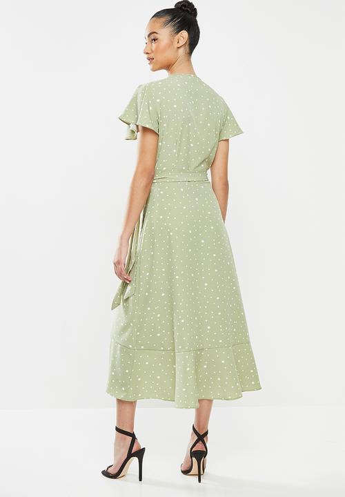 Missguided - Petite wrap front spot tea dress - sage & white 