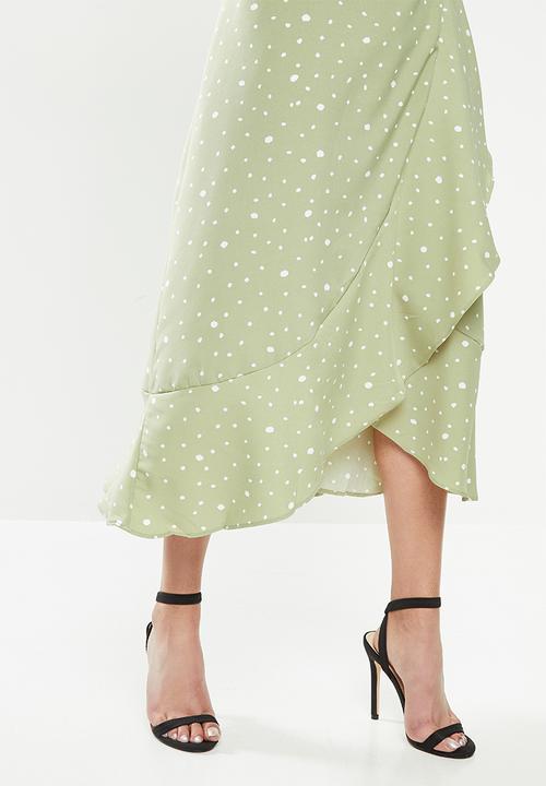 Missguided - Petite wrap front spot tea dress - sage & white 