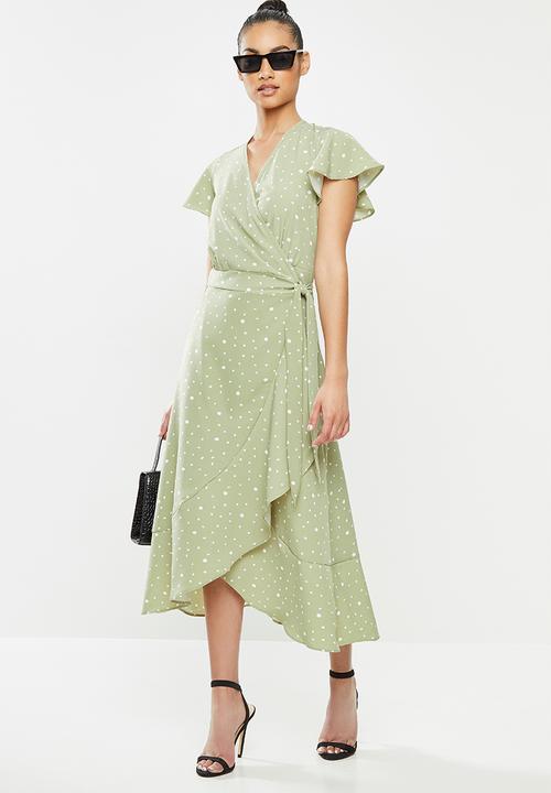 Missguided - Petite wrap front spot tea dress - sage & white 