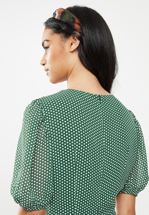 Glamorous - Petite Puff sleeve mini dress - green & white 