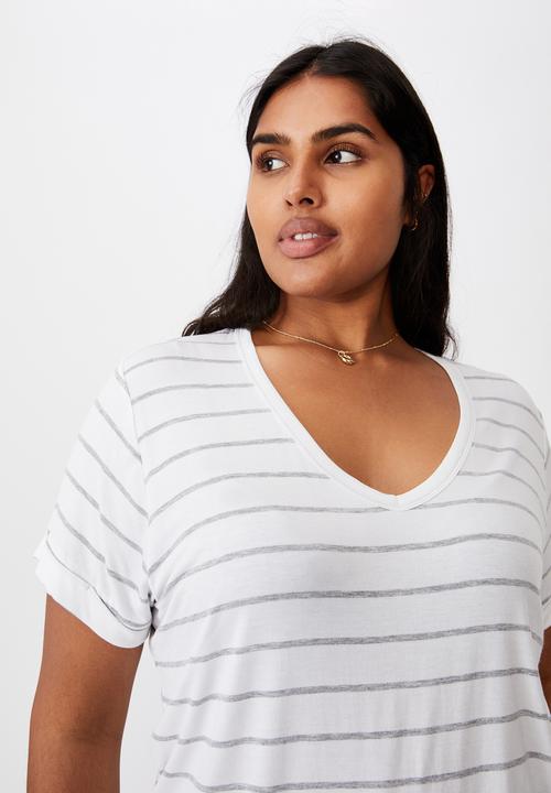 Cotton On - Curve karly short sleeve tee - zoe stripe white/grey marle