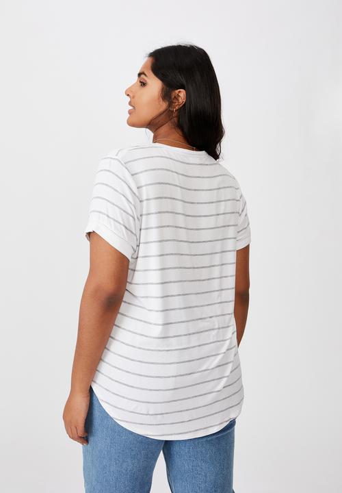Cotton On - Curve karly short sleeve tee - zoe stripe white/grey marle