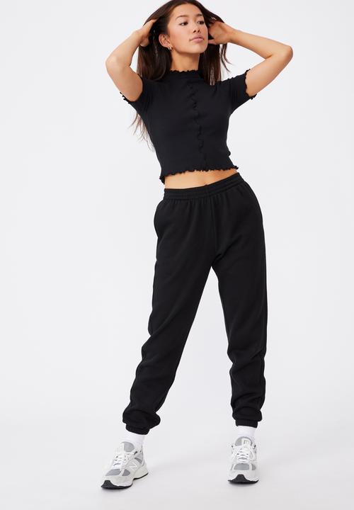 Factorie - Short sleeve lettuce edge detail top - black